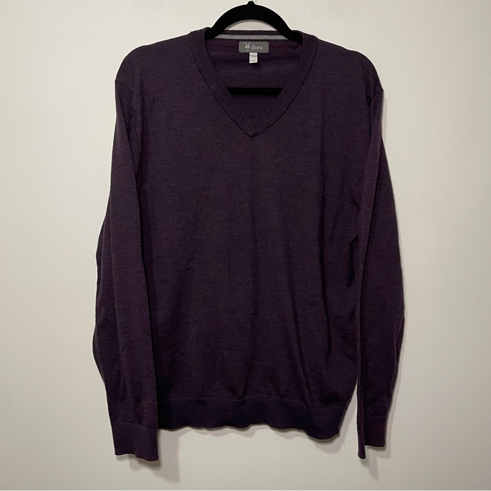 Ibex Men eggplant purple v neck long sleeve wool blend casual sweater in size L